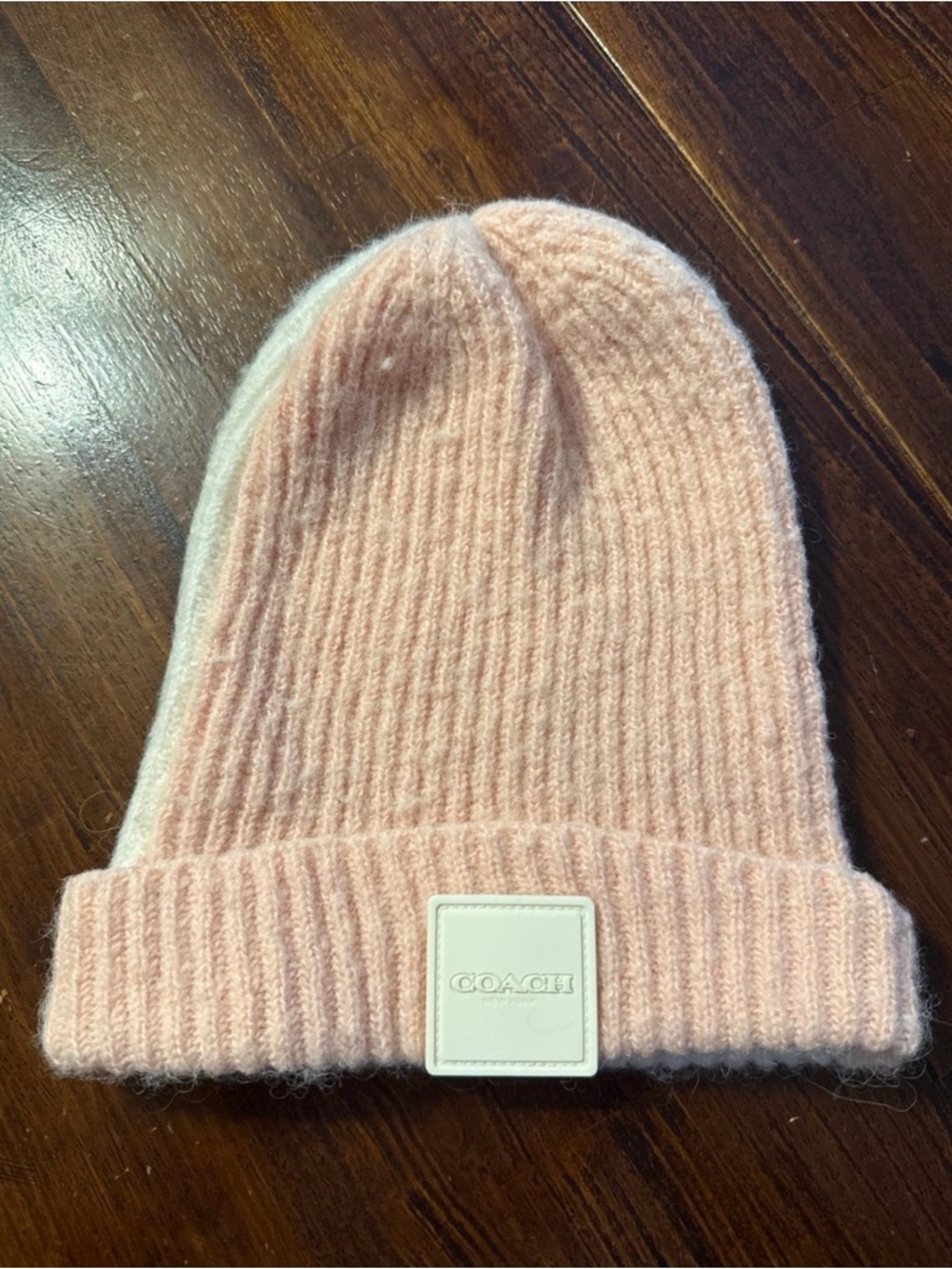 Coach Pink and White Ribbed Beanie